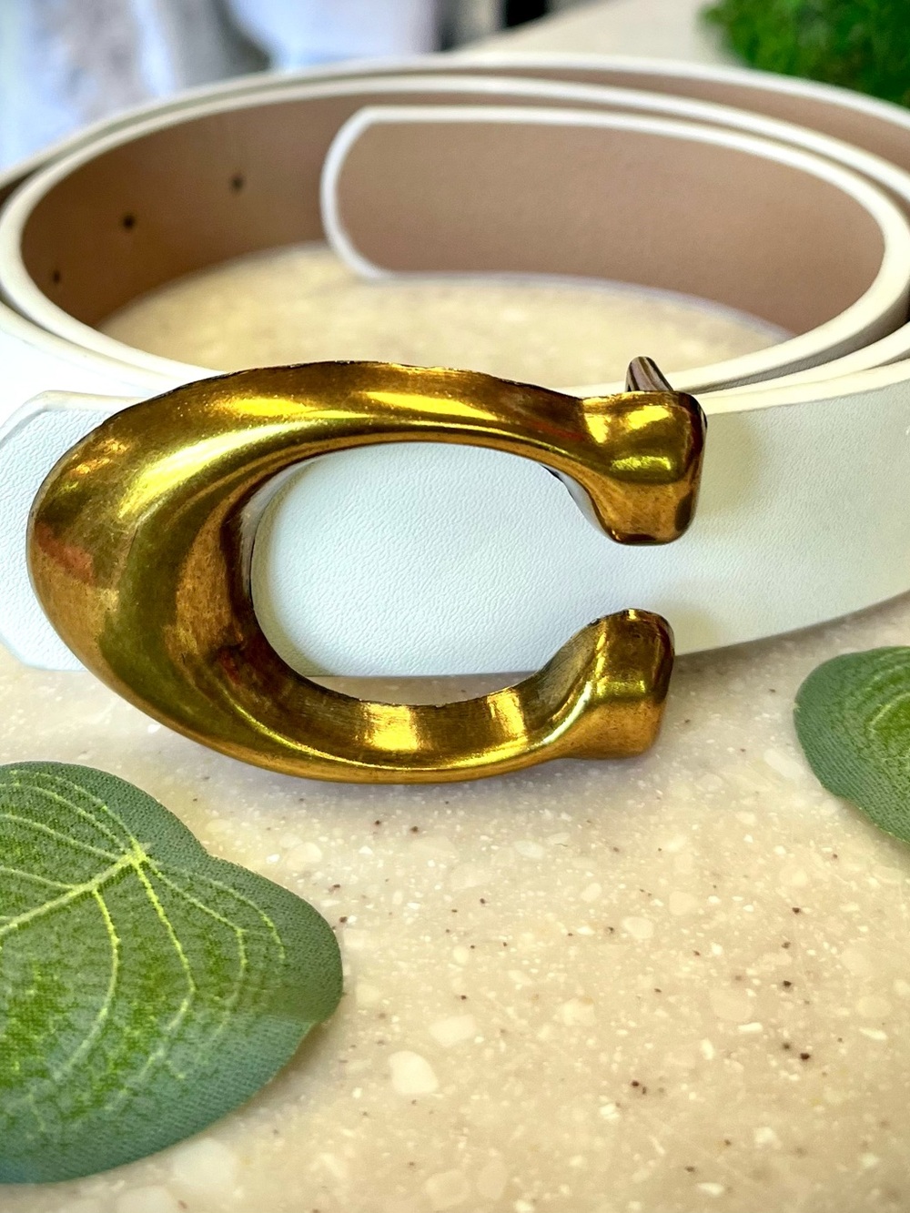 White Leather Belt with Gold C-Shape Buckle